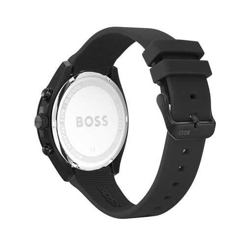 Montre Hugo Boss Velocity noire, élégante et sportive avec chronographe, bracelet en silicone, étanche 5 ATM, idéale pour cadeau raffiné et fonctionnel.