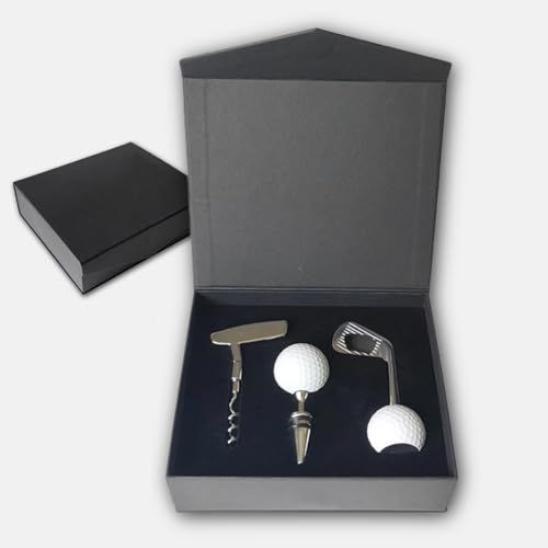 Coffret golf et vin: décapsuleur, tire-bouchon, bouchon sculptés en balles de golf