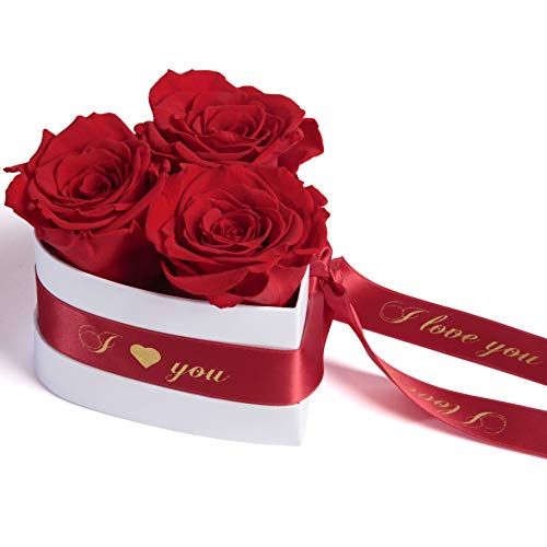Boîte cœur avec trois roses éternelles rouges et message I Love You doré, cadeau romantique durable.
