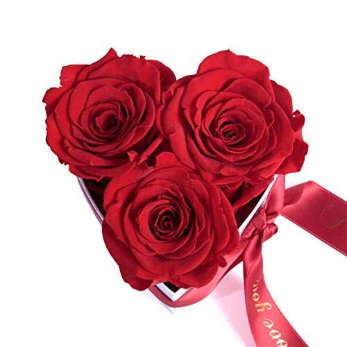 Boîte cœur avec trois roses éternelles rouges et message I Love You doré, cadeau romantique durable.