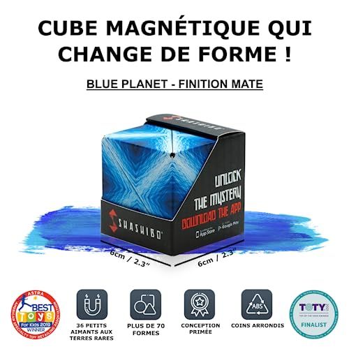 Cube anti-stress aimanté Shashibo transformable en 70 formes avec design artistique et éducatif.