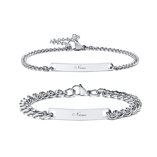 Bracelets couple en acier inoxydable gravés, cadeau personnalisé PACS, symbolique amour et engagement durable.