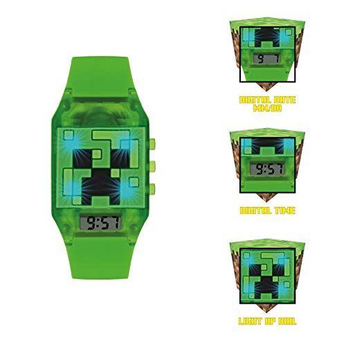 Montre enfant Minecraft verte avec motif Creeper et affichage numérique facile à lire.