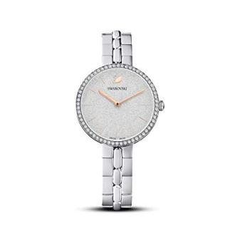 Montre Swarovski femme élégante en acier, étanche, avec cristaux scintillants et cadran argenté.