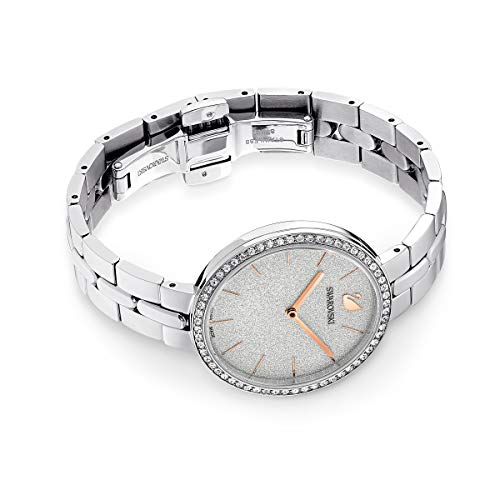 Montre Swarovski femme élégante en acier, étanche, avec cristaux scintillants et cadran argenté.