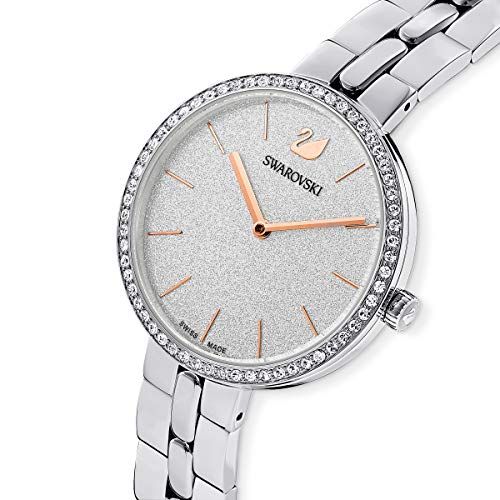 Montre Swarovski femme élégante en acier, étanche, avec cristaux scintillants et cadran argenté.