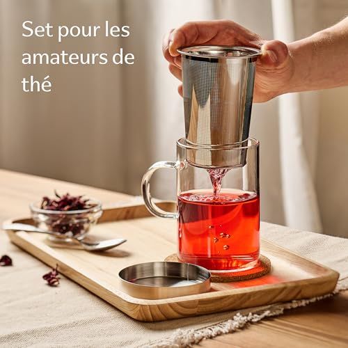 Mug théière infuseur inox Cosumy élégant avec filtre et verre borosilicaté résistant pour amateurs de thé.