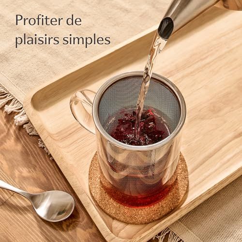 Mug théière infuseur inox Cosumy élégant avec filtre et verre borosilicaté résistant pour amateurs de thé.