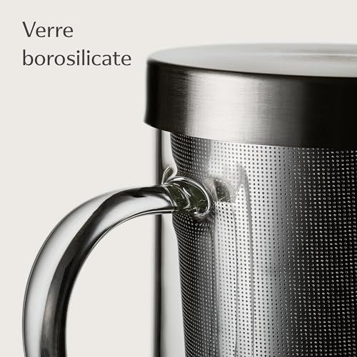 Mug théière infuseur inox Cosumy élégant avec filtre et verre borosilicaté résistant pour amateurs de thé.