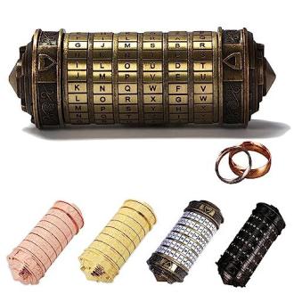 Cryptex élégant inspiré de Léonard de Vinci, offrant mystère et intrigue pour emballer un cadeau personnel ou romantique.