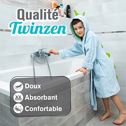 Peignoir dinosaure coloré pour enfants, doux, 100% coton, certifié OEKO TEX, stimule imagination, facile à entretenir, idée cadeau amusante et sûre pour l’après-bain.
