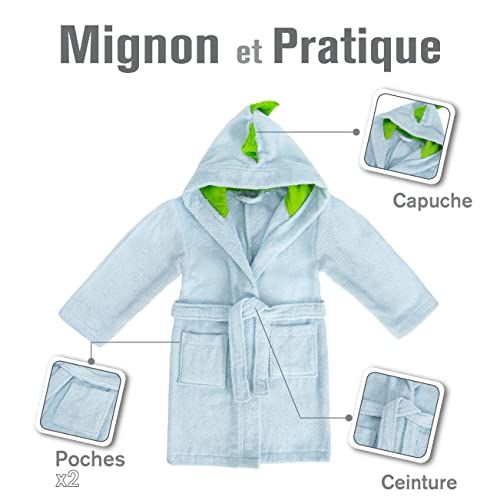 Peignoir dinosaure coloré pour enfants, doux, 100% coton, certifié OEKO TEX, stimule imagination, facile à entretenir, idée cadeau amusante et sûre pour l’après-bain.
