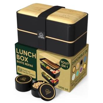 Boîte repas benton élégante avec couvercle en bambou, étanche, inclut couverts en bois et pots à sauces hermétiques