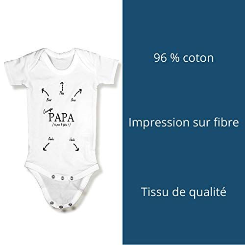 Body bébé humour en coton, Courage Papa, flèches directionnelles, cadeau drôle pour jeunes parents, impression durable, fabriqué en France, pochette élégante.