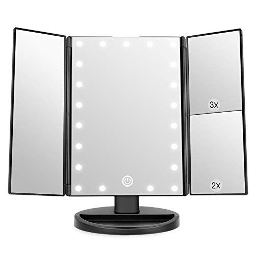 Miroir de maquillage éclairé avec lumières LED ajustables, grossissement 2x 3x et design triplié élégant.
