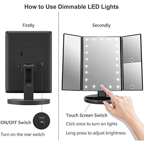 Miroir de maquillage éclairé avec lumières LED ajustables, grossissement 2x 3x et design triplié élégant.