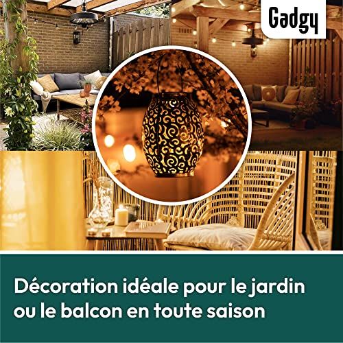 Lanterne solaire marocaine Gadgy éclairant un jardin avec des motifs orientaux.