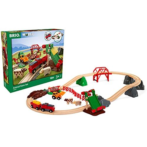 Coffret complet pour construire un circuit de train en bois plein d'aventures.