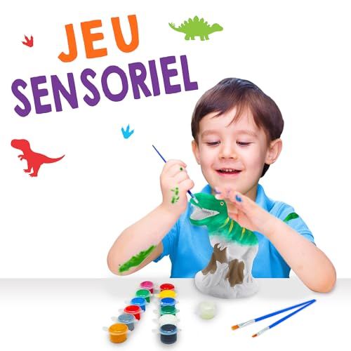 Kit de Loisirs Créatifs Dinosaures pour enfants, figurine T-Rex à peindre, 12 peintures, créativité et apprentissage ludique pour enfants 4-8 ans.