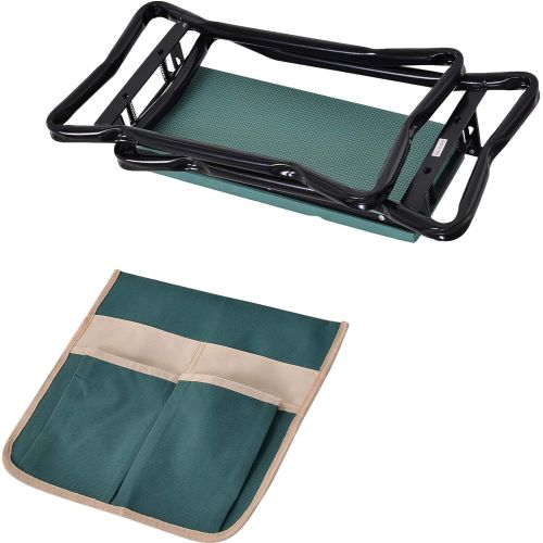 Banc de jardinage ergonomique pliable avec mousse EVA et sac à outils intégré pour jardiniers.