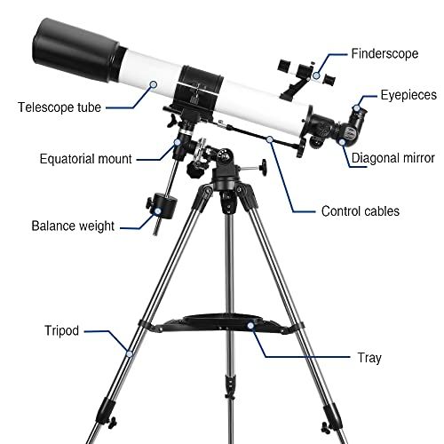 Télescope astronomique Solomark 80EQ pour débutants avec monture équatoriale portable et accessoires, idéal pour l'observation nocturne.