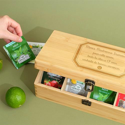 Boîte à thé en bois personnalisée Merci Maîtresse, contenant thés variés, cadeau idéal pour exprimer gratitude et offrir moment de détente aux enseignants
