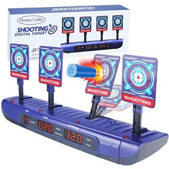 Cible électrique pour pistolets Nerf avec 4 modes de jeu, système de réinitialisation automatique et effets sonores réalistes.