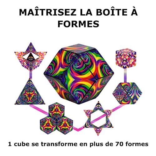 Cube anti-stress aimanté Shashibo transformable en 70 formes avec design artistique et éducatif.