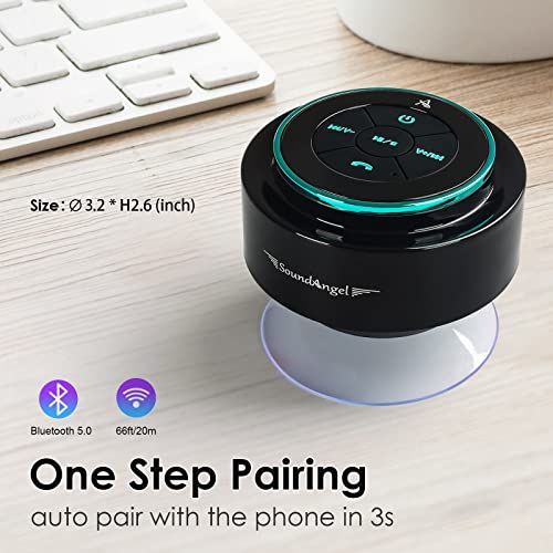 Enceinte de douche étanche Bluetooth 5.0, ultra portable, certifiée IPX7, avec ventouse, pour écoute musicale et appels mains libres, idée cadeau technologique originale.