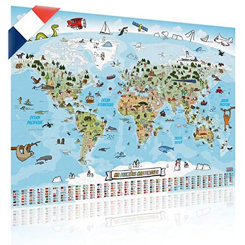 Carte du monde interactive et éducative pour enfants avec illustrations colorées, format 140x100 cm, encourageant découverte et apprentissage ludique. Cadeau parfait pour jeunes explorateurs.
