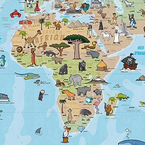 Carte du monde interactive et éducative pour enfants avec illustrations colorées, format 140x100 cm, encourageant découverte et apprentissage ludique. Cadeau parfait pour jeunes explorateurs.