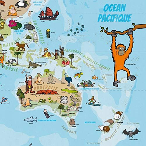Carte du monde interactive et éducative pour enfants avec illustrations colorées, format 140x100 cm, encourageant découverte et apprentissage ludique. Cadeau parfait pour jeunes explorateurs.
