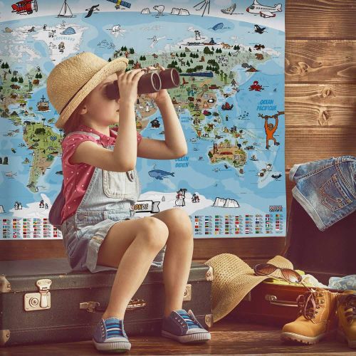 Carte du monde interactive et éducative pour enfants avec illustrations colorées, format 140x100 cm, encourageant découverte et apprentissage ludique. Cadeau parfait pour jeunes explorateurs.