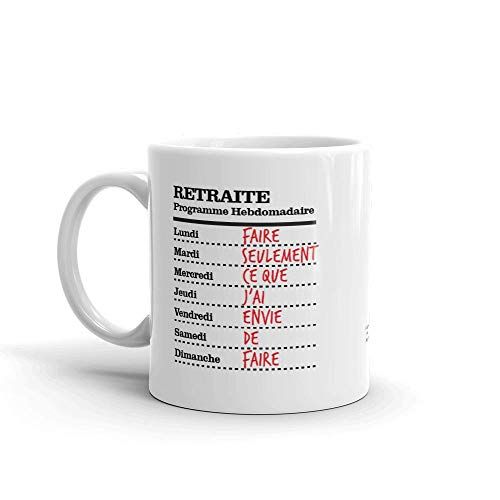 Mug de retraite humoristique avec programme hebdo pour café ou thé, cadeau de départ.