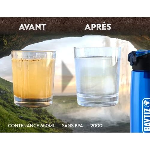 Gourde purificatrice Baytiz robuste avec filtre, mousqueton pour randonnées et voyages, garantie 30 jours.