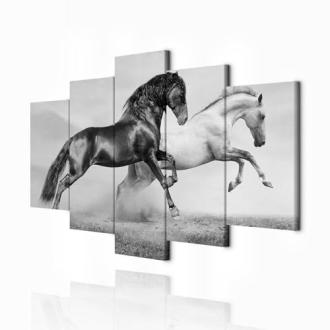 Tableau mural artistique en cinq parties illustrant deux chevaux en noir et blanc, décoration élégante et puissante pour salon ou bureau moderne.