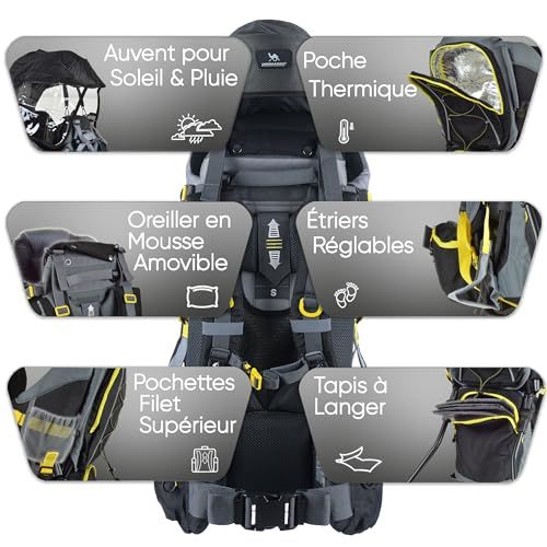 Porte bébé de randonnée Dromader confortable et sécuritaire avec système de portage ajustable et protection contre les intempéries.