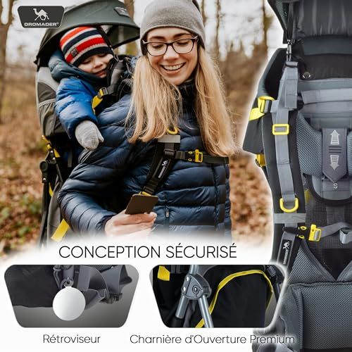 Porte bébé de randonnée Dromader confortable et sécuritaire avec système de portage ajustable et protection contre les intempéries.
