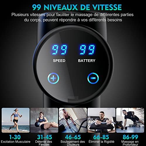 Pistolet de massage moderne avec écran LED, 99 vitesses, 8 têtes interchangeables, pour détente et soulagement musculaire, idéal pour sportifs et voyages.