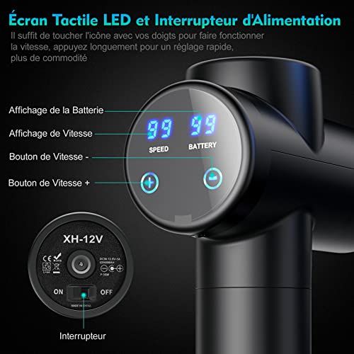Pistolet de massage moderne avec écran LED, 99 vitesses, 8 têtes interchangeables, pour détente et soulagement musculaire, idéal pour sportifs et voyages.