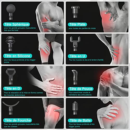 Pistolet de massage moderne avec écran LED, 99 vitesses, 8 têtes interchangeables, pour détente et soulagement musculaire, idéal pour sportifs et voyages.
