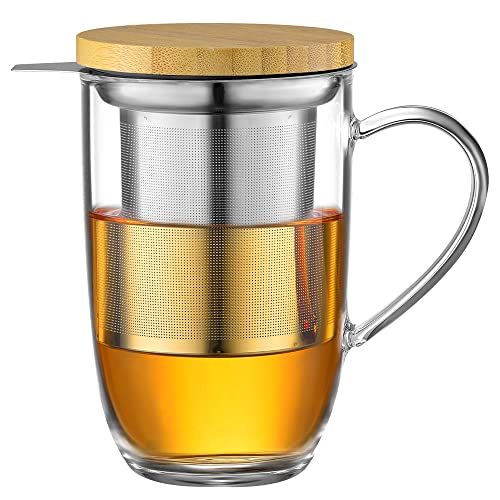 Théière-mug en verre borosilicaté avec deckle en bambou, idéale pour les amateurs de thé. Robuste, élégante, capacité 440 ml, résistante aux températures extrêmes.