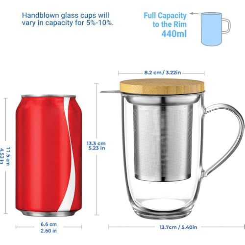 Théière-mug en verre borosilicaté avec deckle en bambou, idéale pour les amateurs de thé. Robuste, élégante, capacité 440 ml, résistante aux températures extrêmes.
