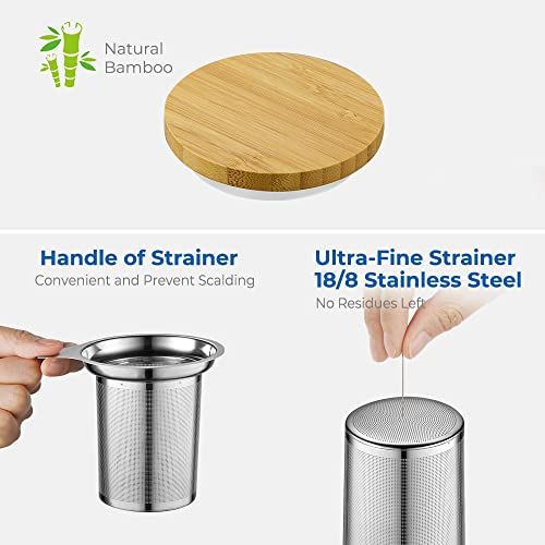 Théière-mug en verre borosilicaté avec deckle en bambou, idéale pour les amateurs de thé. Robuste, élégante, capacité 440 ml, résistante aux températures extrêmes.