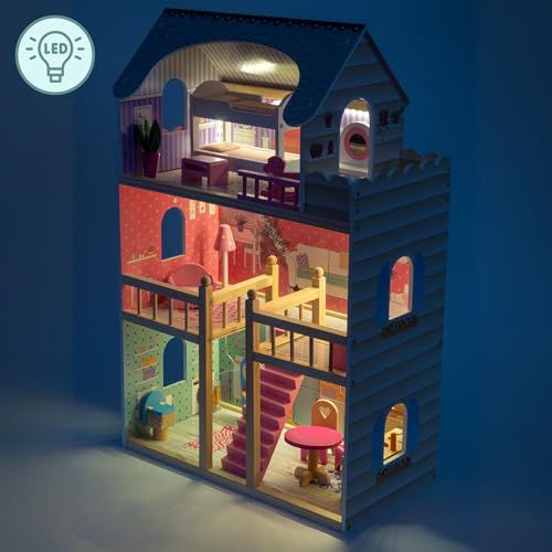 Maison de poupée en bois, 3 étages, design pastel, accessoires réalistes, éclairage LED, jeu créatif, enfants, imagination, cadeau magique, 90x60x30 cm.