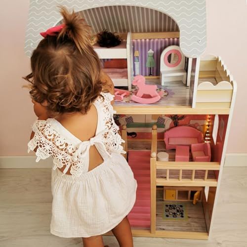 Maison de poupée en bois, 3 étages, design pastel, accessoires réalistes, éclairage LED, jeu créatif, enfants, imagination, cadeau magique, 90x60x30 cm.