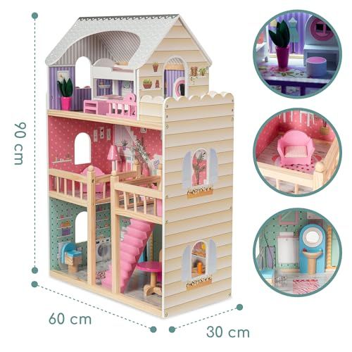 Maison de poupée en bois, 3 étages, design pastel, accessoires réalistes, éclairage LED, jeu créatif, enfants, imagination, cadeau magique, 90x60x30 cm.
