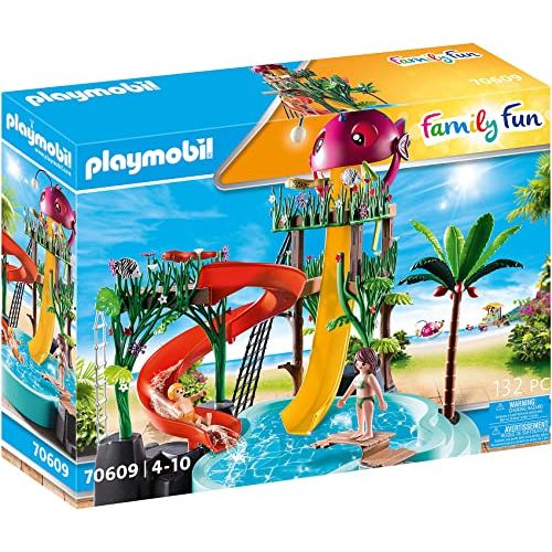 Playmobil Piscine avec toboggan en spirale, planche à sauter et figurines; stimule la créativité des enfants pour des aventures aquatiques dès 4 ans.