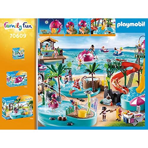 Playmobil Piscine avec toboggan en spirale, planche à sauter et figurines; stimule la créativité des enfants pour des aventures aquatiques dès 4 ans.