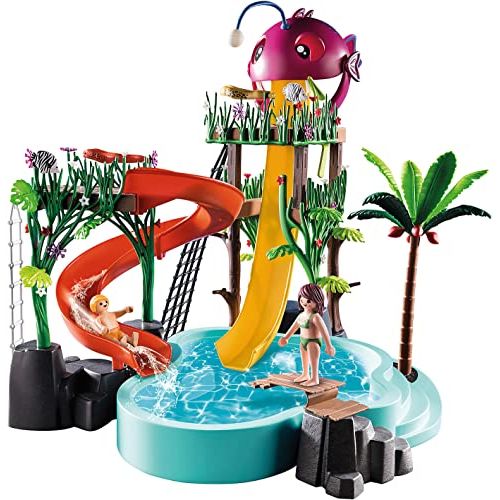 Playmobil Piscine avec toboggan en spirale, planche à sauter et figurines; stimule la créativité des enfants pour des aventures aquatiques dès 4 ans.